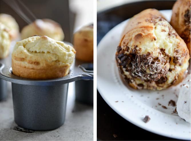 Dark Chocolate Chunk Popovers with Spiked Vanilla Bourbon Whipped Cream I howsweeteats.com