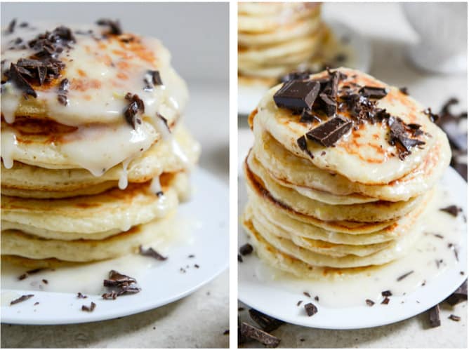 bittersweet chocolate and lemon glazed whipped ricotta pancakes I howsweeteats.com