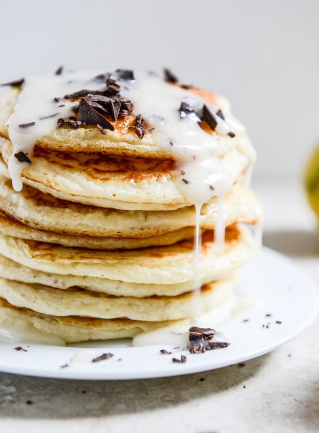 bittersweet chocolate and lemon glazed whipped ricotta pancakes I howsweeteats.com