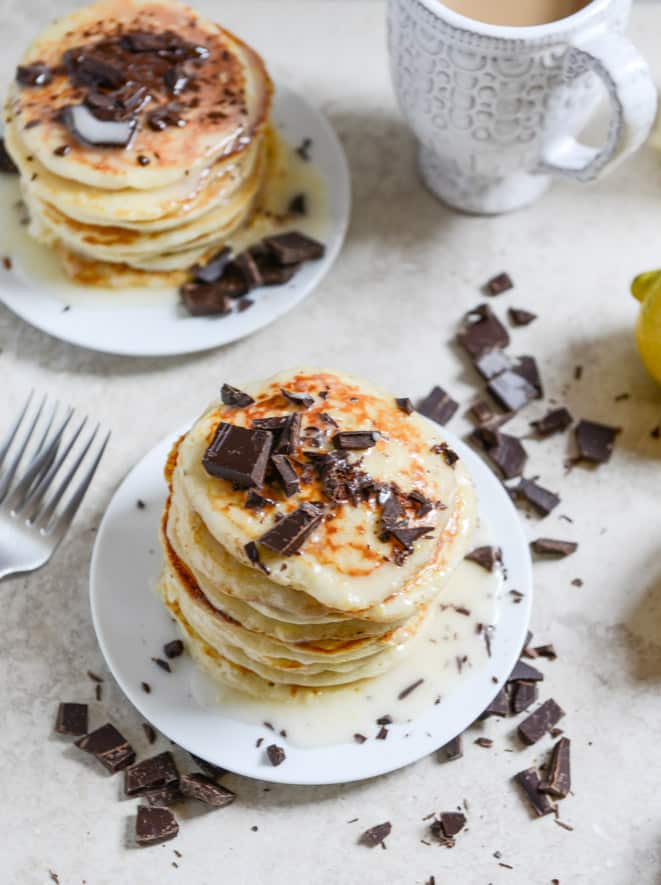 bittersweet chocolate and lemon glazed whipped ricotta pancakes I howsweeteats.com