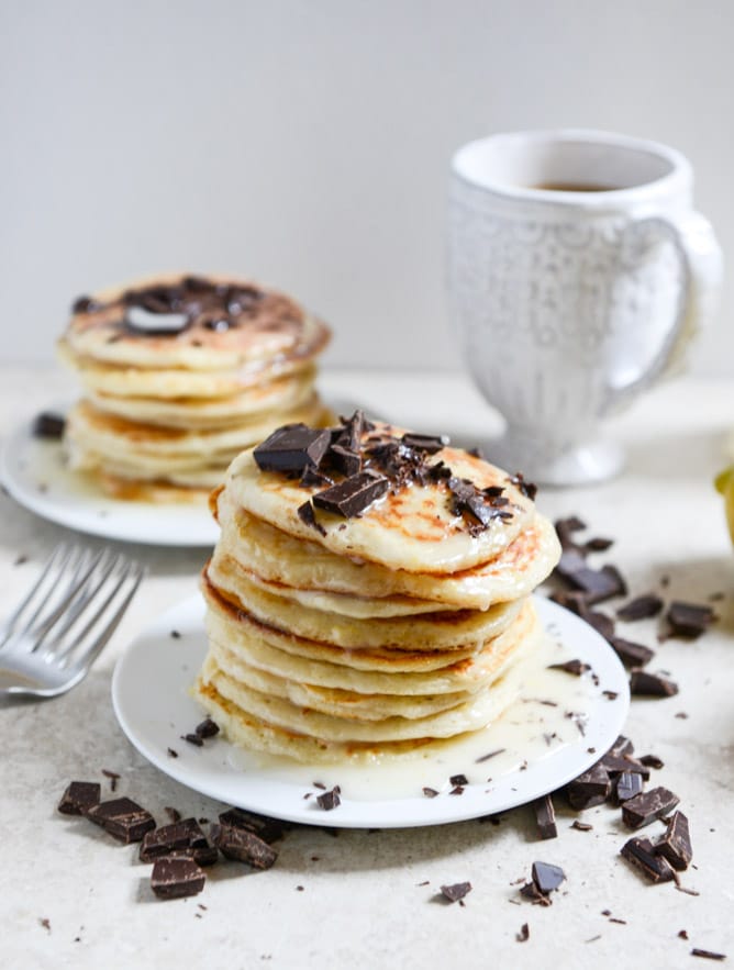 bittersweet chocolate and lemon glazed whipped ricotta pancakes I howsweeteats.com
