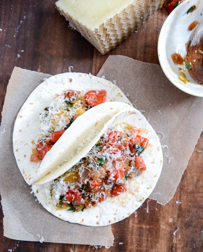 Crispy Brussels Sprouts Tacos with Manchego and Caramelized Shallot Salsa I howsweeteats.com Crispy Brussels Sprouts Tacos with Manchego and Caramelized Shallot Salsa I howsweeteats.com