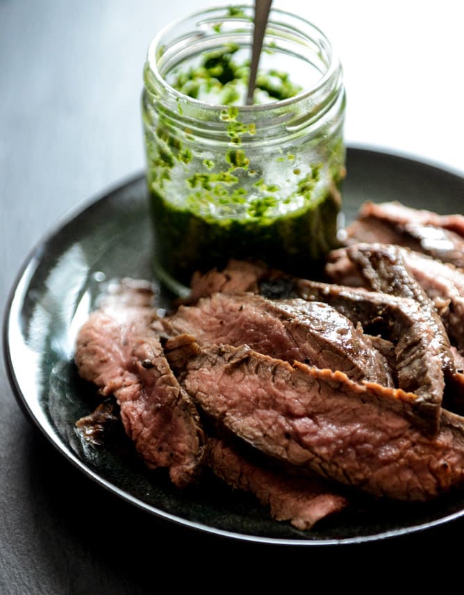 Garlic Brown Sugar Flank Steak with Chimichurri I howsweeteats.com