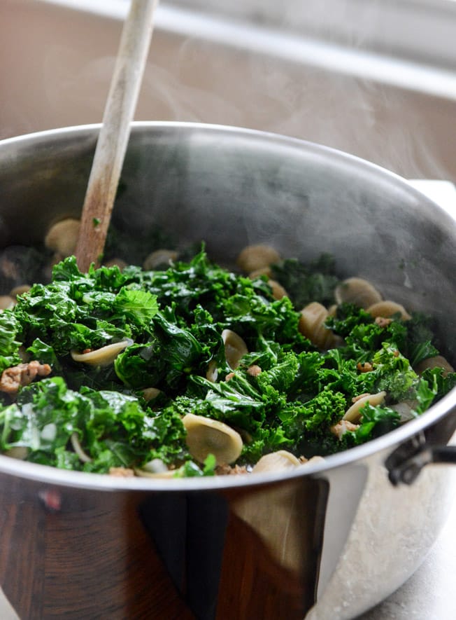 Spicy Sausage, Kale and Whole Wheat Orecchiette Soup I howsweeteats.com