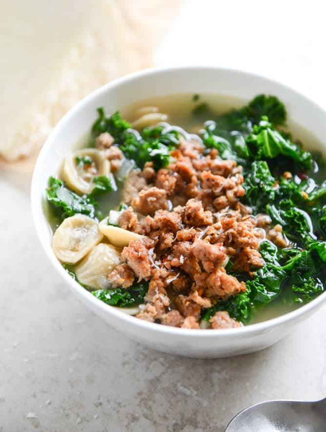 Spicy Sausage, Kale and Whole Wheat Orecchiette Soup I howsweeteats.com
