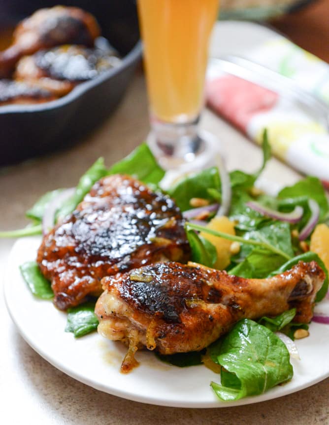 Beer Glazed Citrus Chicken with Orange Arugula Greens I howsweeteats.com