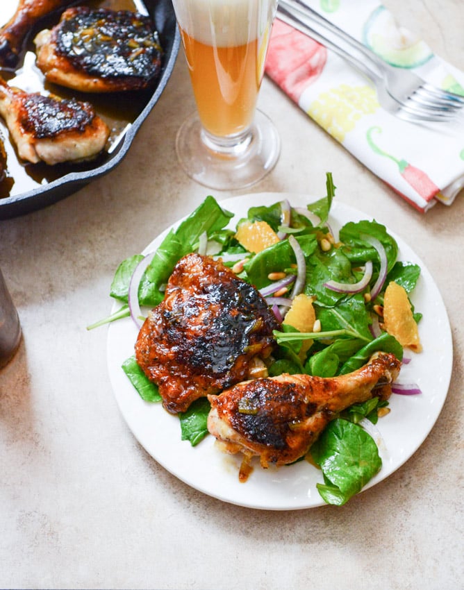 Beer Glazed Citrus Chicken with Orange Arugula Greens I howsweeteats.com