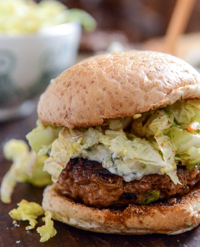 Turkey Burgers with Creamy Gorgonzola and Chili Garlic Slaw I howsweeteats.com