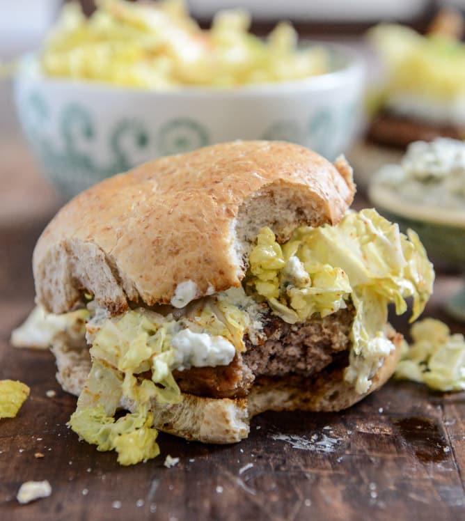 Turkey Burgers with Creamy Gorgonzola and Chili Garlic Slaw I howsweeteats.com