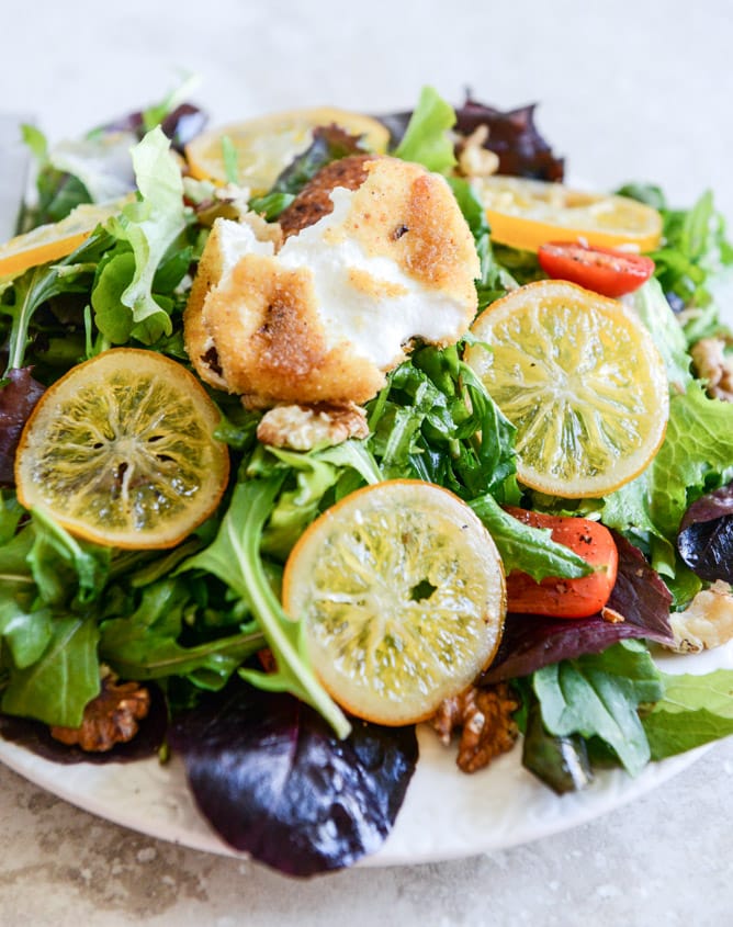 Spring Greens with Candied Meyer Lemons and Spicy Fried Goat Cheese I howsweeteats.com