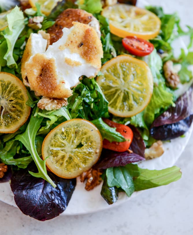 Spring Greens with Candied Meyer Lemons and Spicy Fried Goat Cheese I howsweeteats.com
