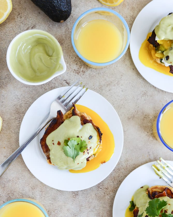 Sweet Corn Cake Eggs Benedict with Avocado Hollandaise I howsweeteats.com Sweet Corn Cake Eggs Benedict with Avocado Hollandaise I howsweeteats.com