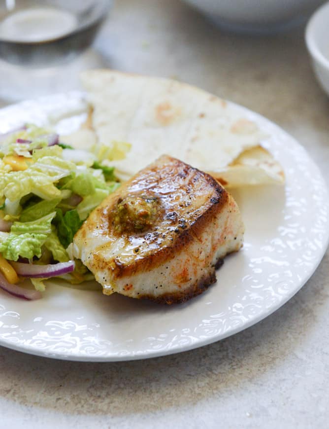 Crisp Skillet Sea Bass with Pistachio Butter I howsweeteats.com