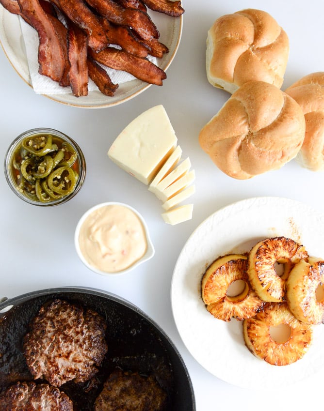 bacon pineapple burgers with candied jalapeños and sweet chili mayo I howsweeteats.com