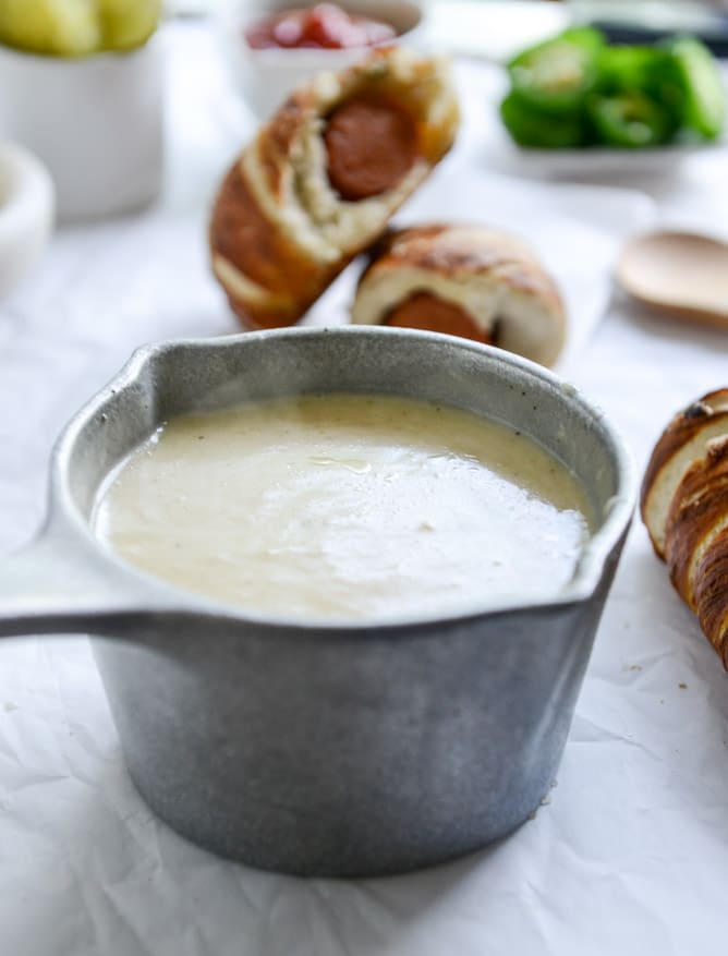 Jalapeño Pretzel Dogs with Cheddar Beer Sauce I howsweeteats.com