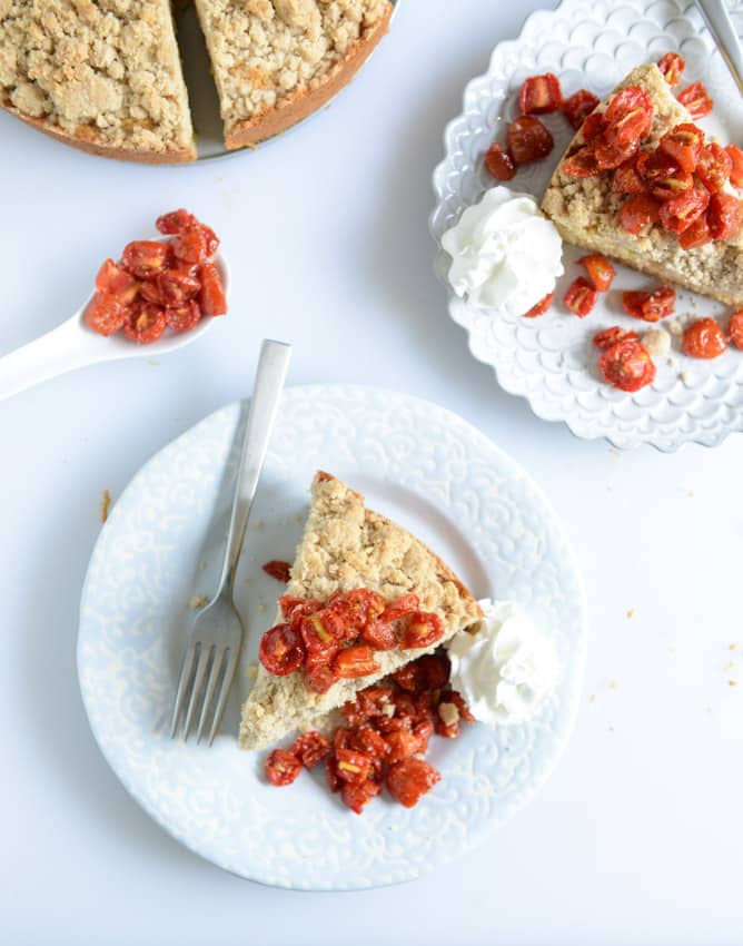 vanilla cornmeal cake with candied cherry tomatoes I howsweeteats.com