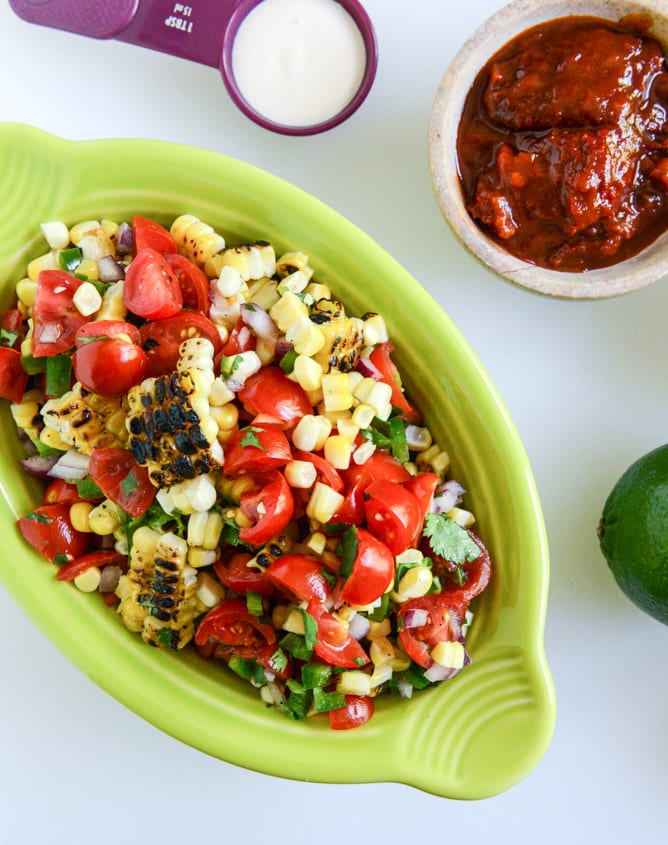 Mini Roasted Poblano Risotto Cakes with Grilled Corn Salsa I howsweeteats.com