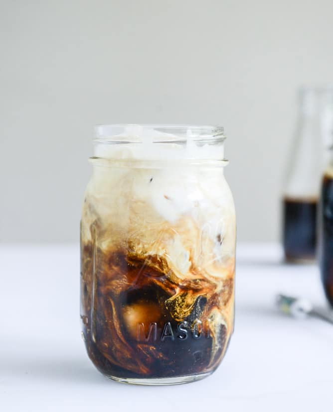 my favorite cold brew coffee with homemade vanilla bean, blackberry, almond and cinnamon-brown sugar syrups I howsweeteats.com