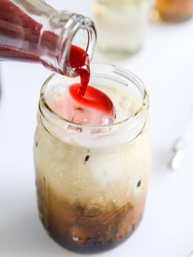 my favorite cold brew coffee with homemade vanilla bean, blackberry, almond and cinnamon-brown sugar syrups I howsweeteats.com