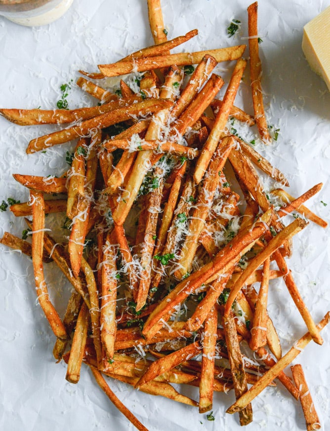 herb salted garlic parmesan french fries I howsweeteats.com