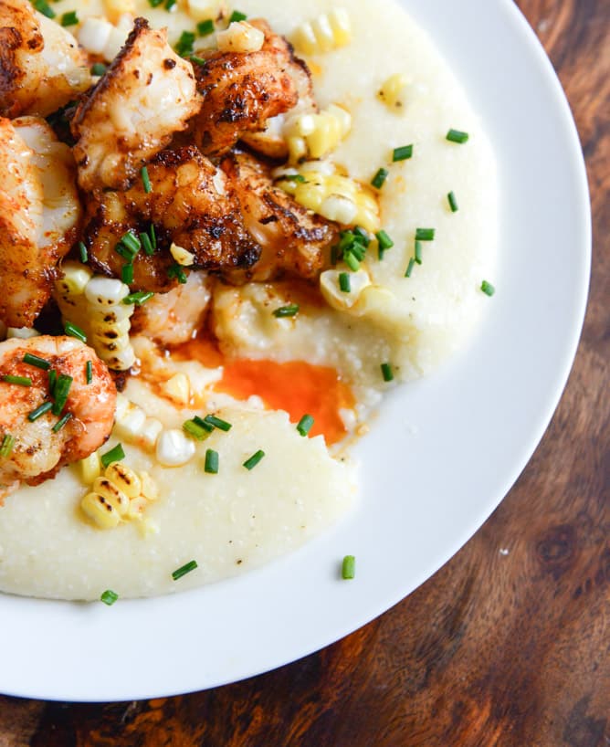 gouda grits with smoky brown butter shrimp I howsweeteats.com