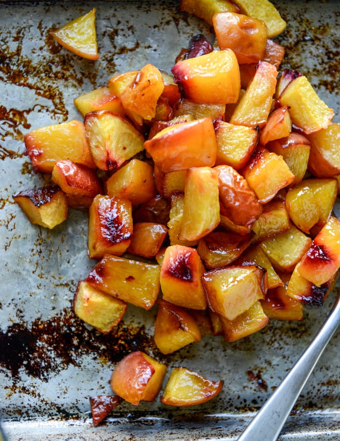 vanilla yeasted waffles with roasted peach maple syrup I howsweeteats.com
