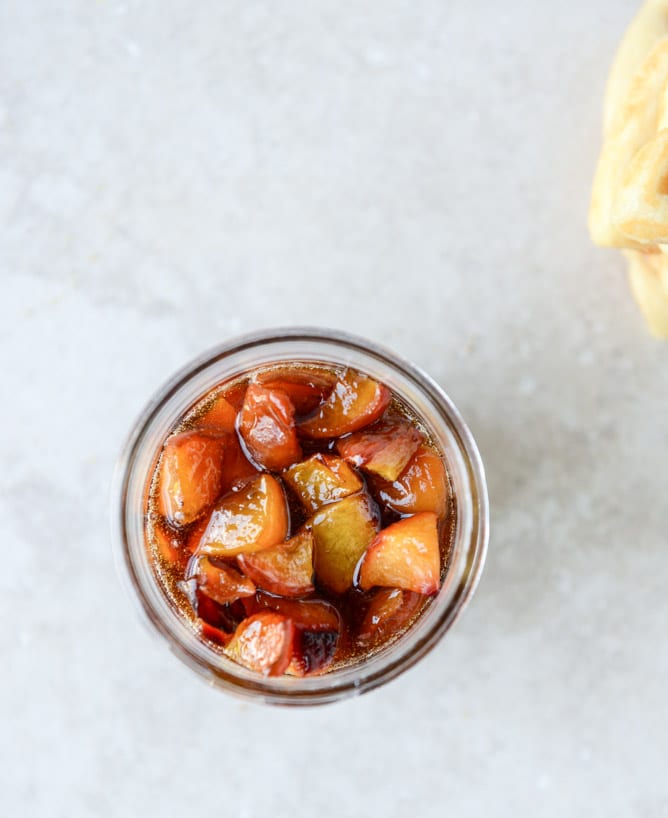 vanilla yeasted waffles with roasted peach maple syrup I howsweeteats.com