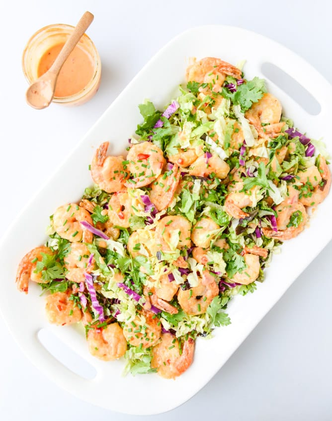 lightened up bang bang shrimp with napa cabbage slaw I howsweeteats.com