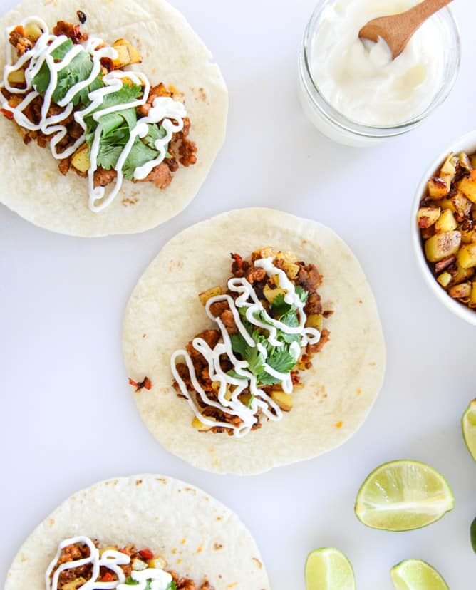 chorizo and fried egg breakfast tacos I howsweeteats.com