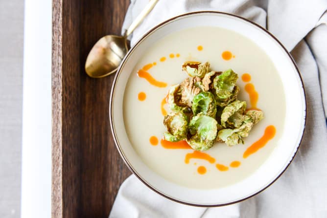 creamy roasted garlic potato soup with crispy brussels I howsweeteats.com