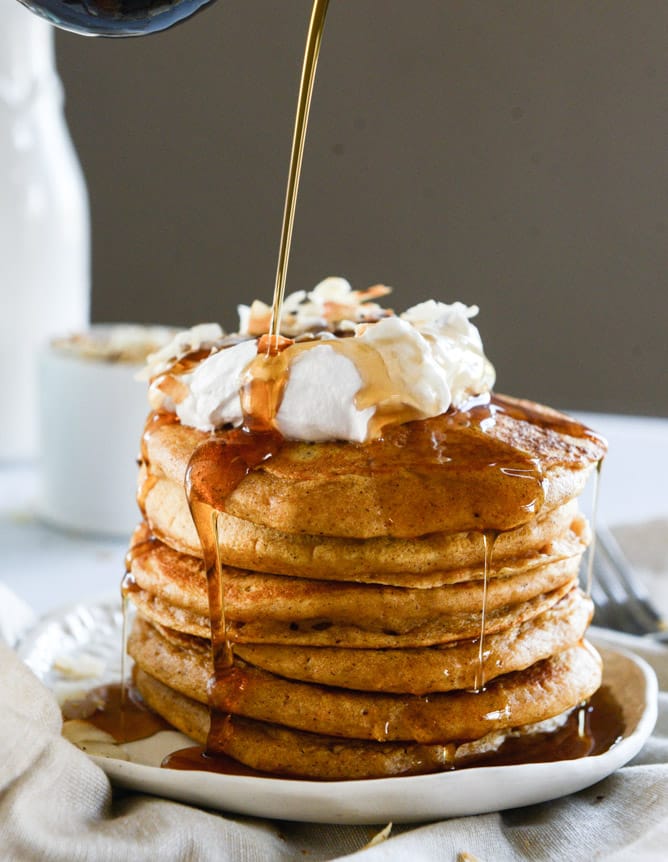 buttermilk sweet potato pancakes with coconut whipped cream I howsweeteats.com