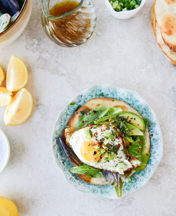 Fried Egg Crispy Tortillas with Lemon Greens and Toasted Sesame Oil I howsweeteats.com