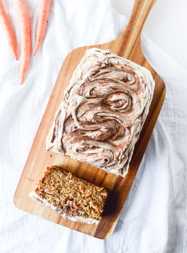 carrot cake cake with nutella swirled cream cheese frosting I howsweeteats.com