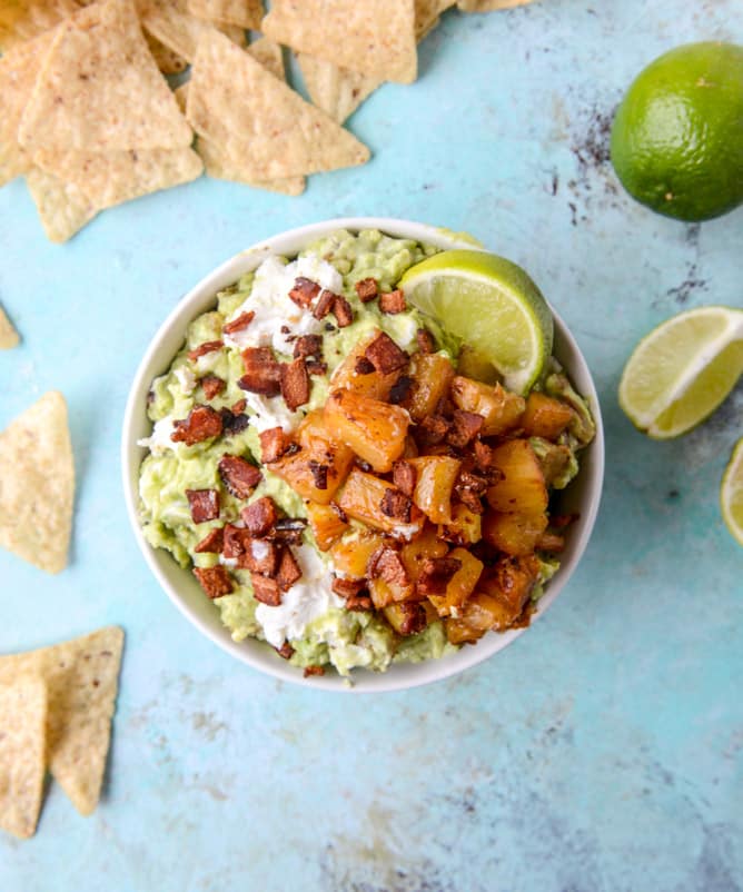 caramelized pineapple, bacon and goat cheese guacamole I howsweeteats.com
