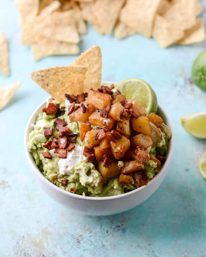 caramelized pineapple, bacon and goat cheese guacamole I howsweeteats.com