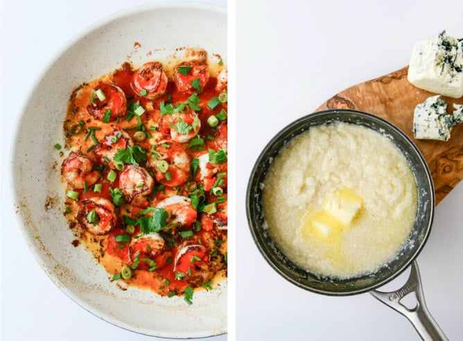 crispy buffalo wing shrimp with blue cheese grits I howsweeteats.com