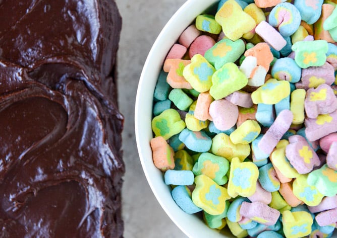 one bowl fudgy whiskey chocolate cake - with irish cream chocolate ganache (and lucky charms marshmallows...) I howsweeteats.com