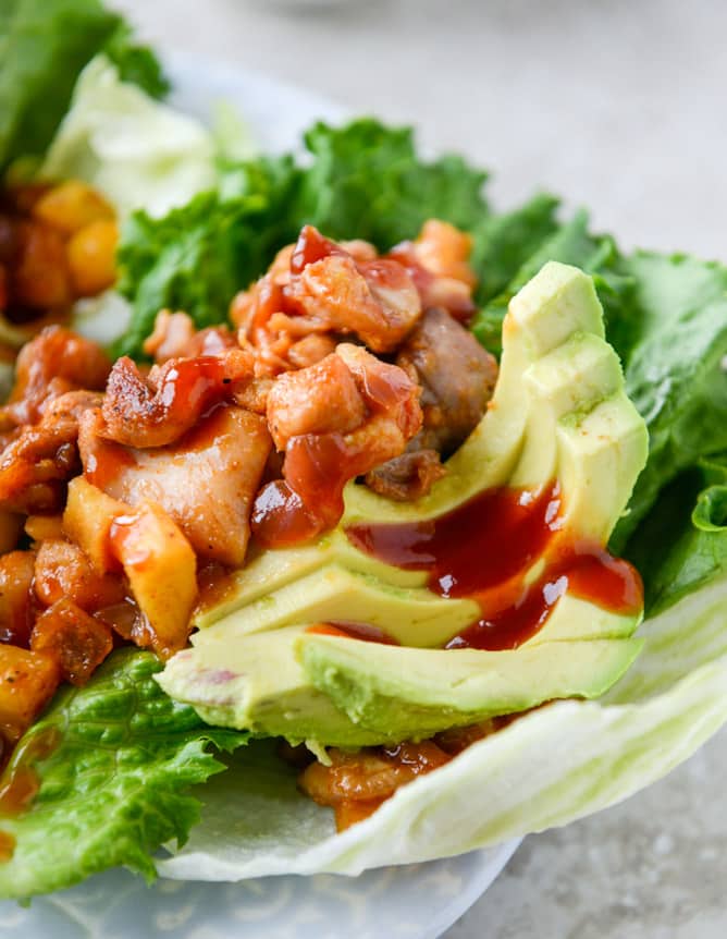 bbq chicken and pineapple lettuce wraps with cilantro yogurt sauce I howsweeteats.com