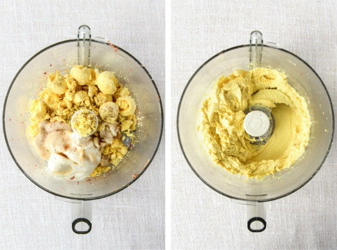 bacon blue deviled eggs with roasted garlic and asparagus I howsweeteats.com