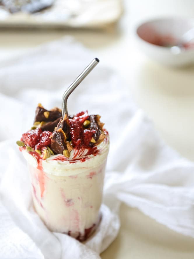 roasted strawberry milkshakes with chocolate pistachio brittle I howsweeteats.com
