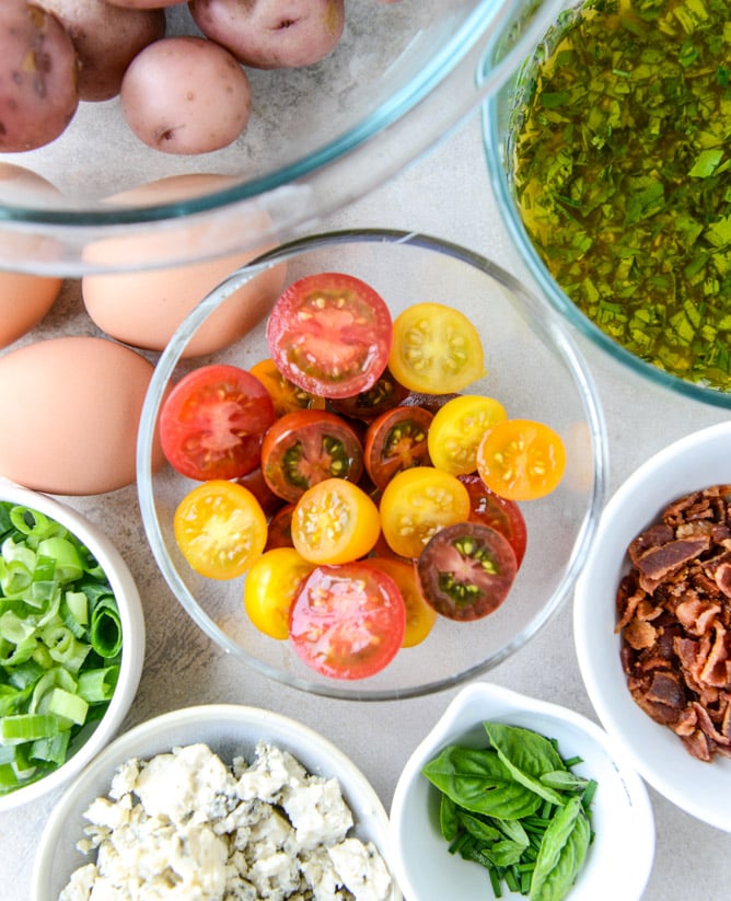 bacon blue potato salad with soft boiled eggs I howsweeteats.com