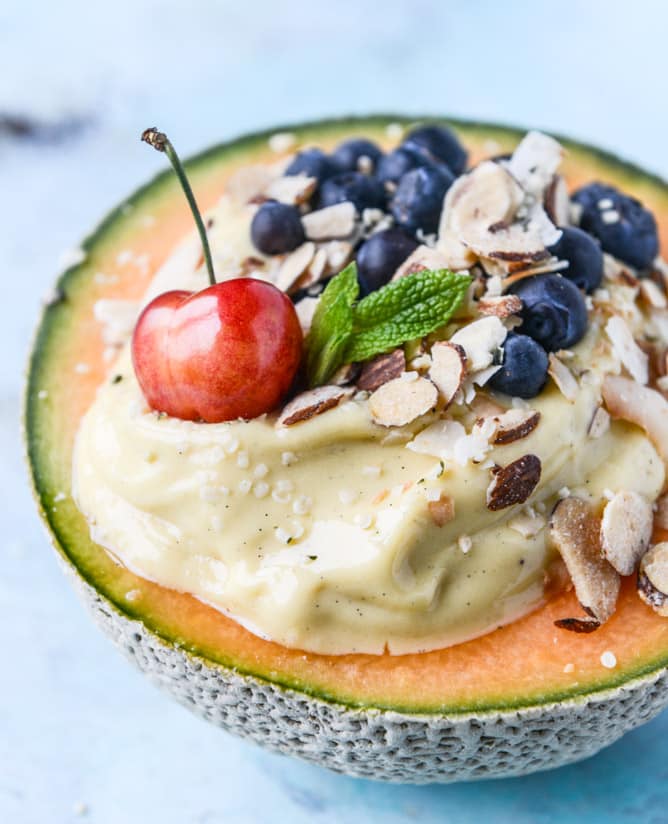 tropical banana rum and mango melon breakfast bowls I howsweeteats.com