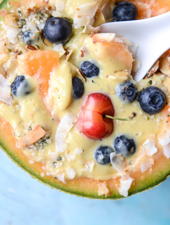 tropical banana rum and mango melon breakfast bowls I howsweeteats.com