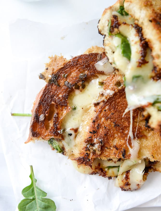 havarti and arugula grilled cheese with bacon jam and triple herb butter I howsweeteats.com