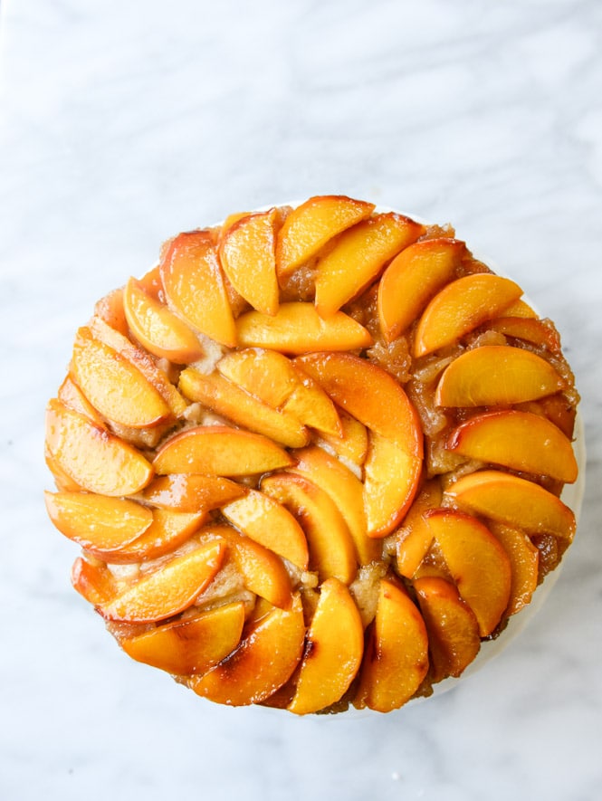 cinnamon sugar bourbon peach upside down cake I howsweeteats.com