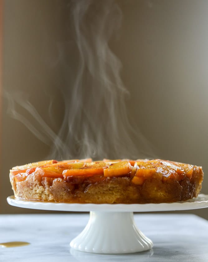 cinnamon sugar bourbon peach upside down cake I howsweeteats.com