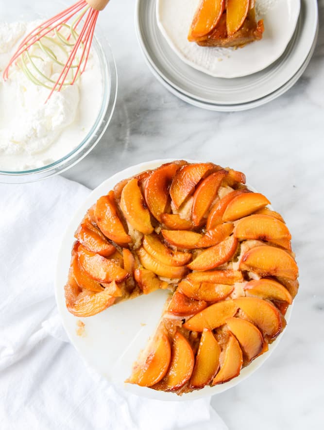 cinnamon sugar bourbon peach upside down cake I howsweeteats.com