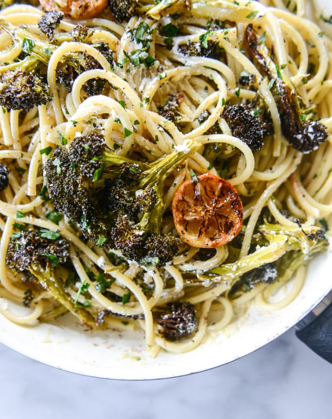 blackened broccoli bucatini with charred lemon and goat cheese I howsweeteats.com