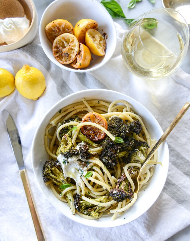 blackened broccoli bucatini with charred lemon and goat cheese I howsweeteats.com