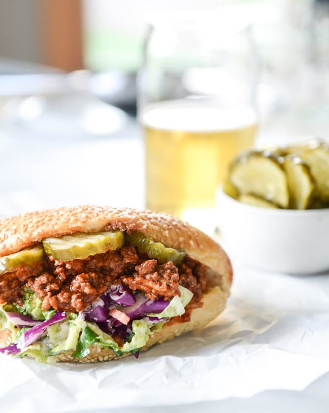 smoky sloppy joes with green chiles and greek yogurt slaw I howsweeteats.com